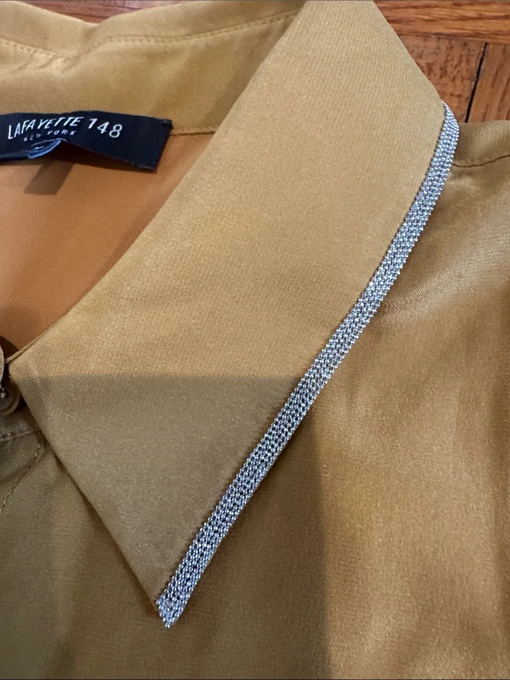 Lafayette 148 New York 100% silk Long-Sleeve Button-Up Shirt with Piping bedazzl - Picture 3 of 4